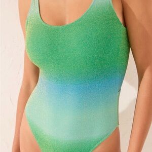 Aerie NWT Baywatch blue and green one piece swimsuit with shimmer, size Large